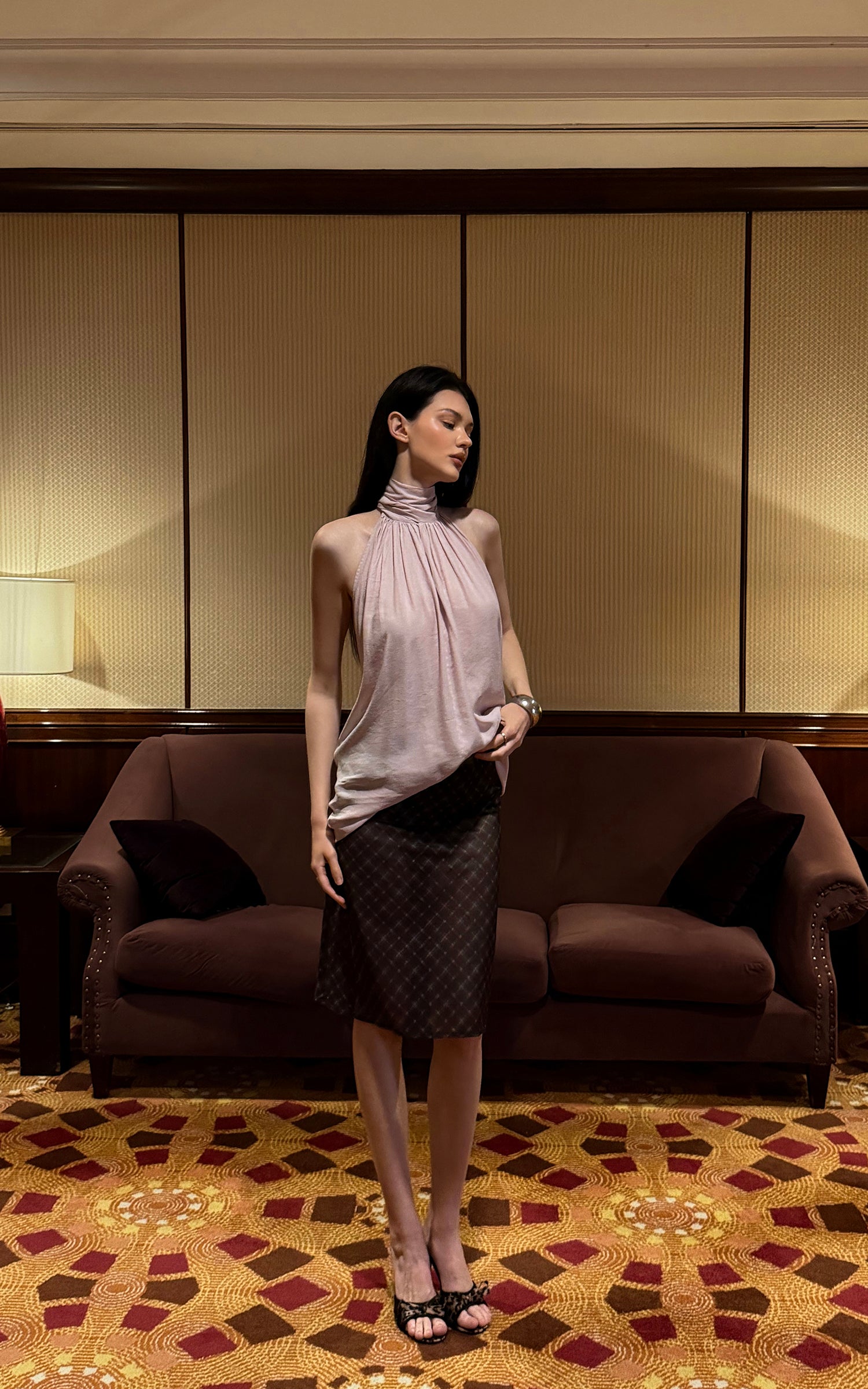 0122stepll Sheer Checkered Mesh Midi Skirt