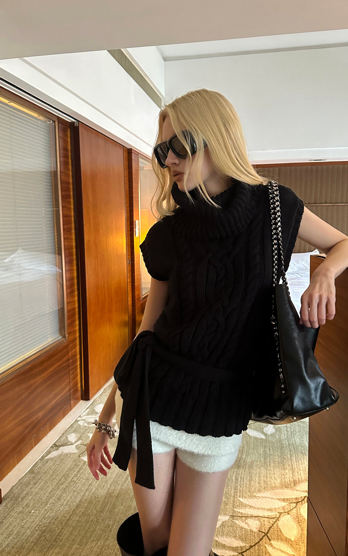 0122stepll Deconstructed Cable Knit Belted Turtleneck Vest