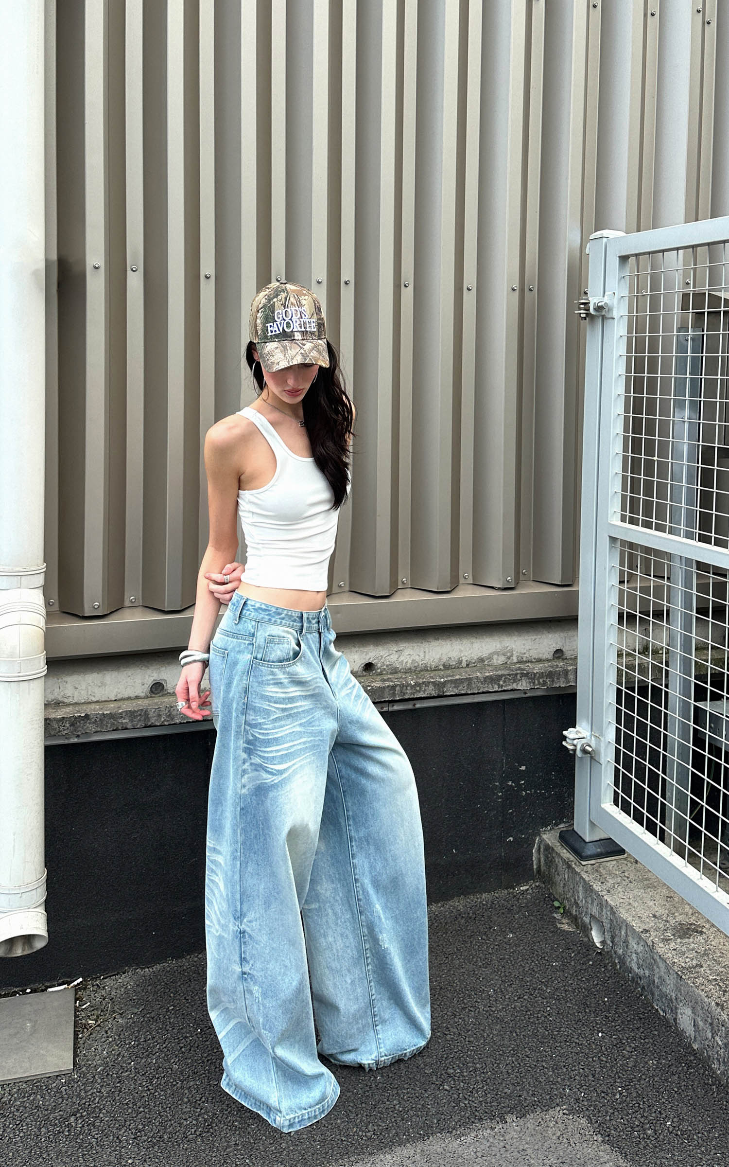 0122stepll Vintage Wash Wide-Leg Denim Pants