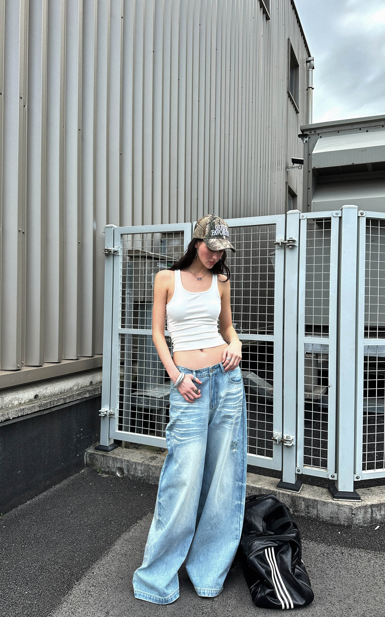 0122stepll Vintage Wash Wide-Leg Denim Pants