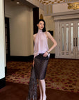 0122stepll Sheer Checkered Mesh Midi Skirt