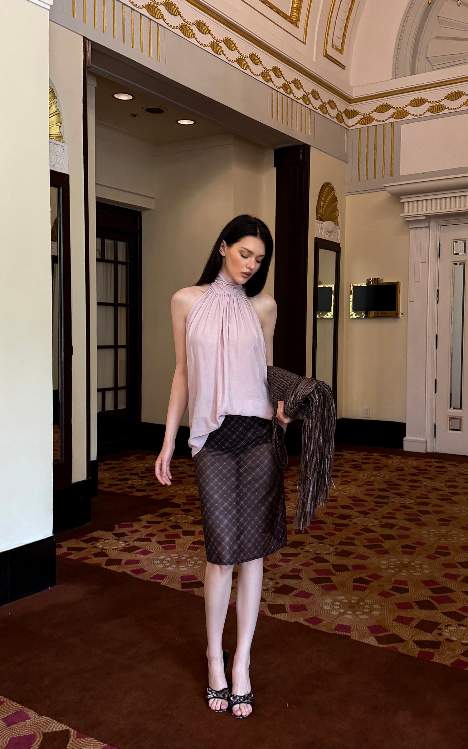 0122stepll Sheer Checkered Mesh Midi Skirt