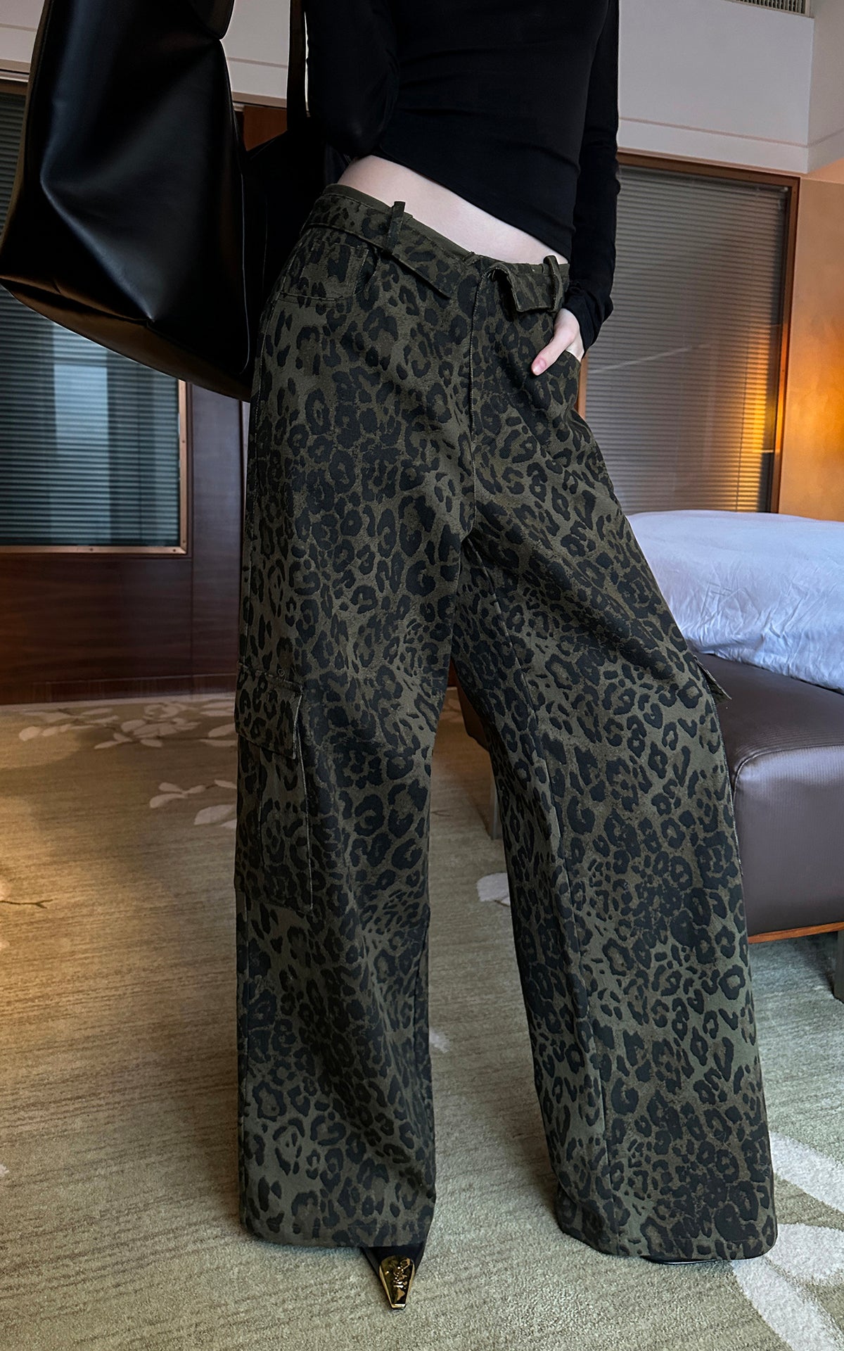 0122stepll Leopard Print Wide-Leg Cargo Pants
