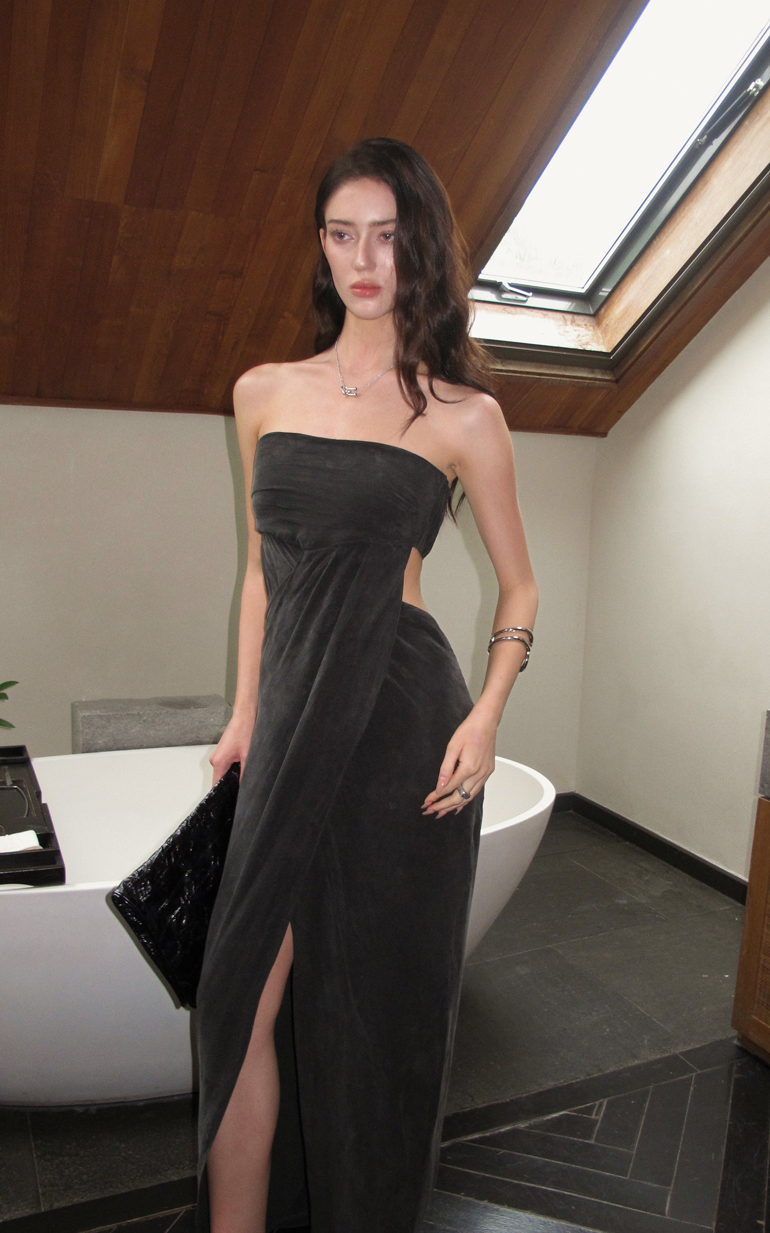 0122stepll Strapless Draped Cut-Out Maxi Dress