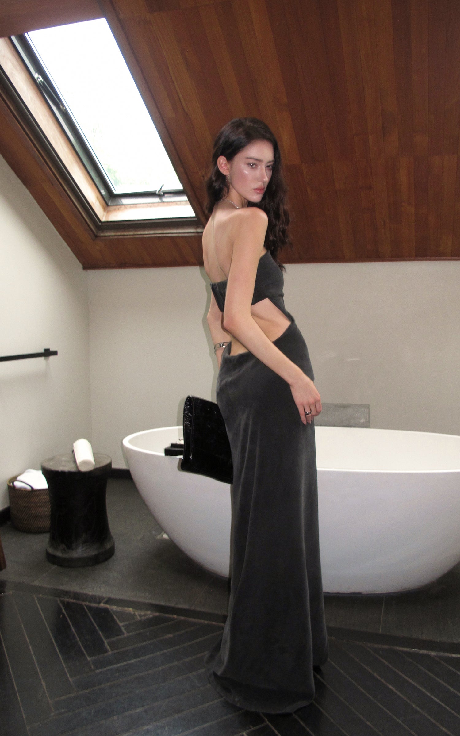 0122stepll Strapless Draped Cut-Out Maxi Dress