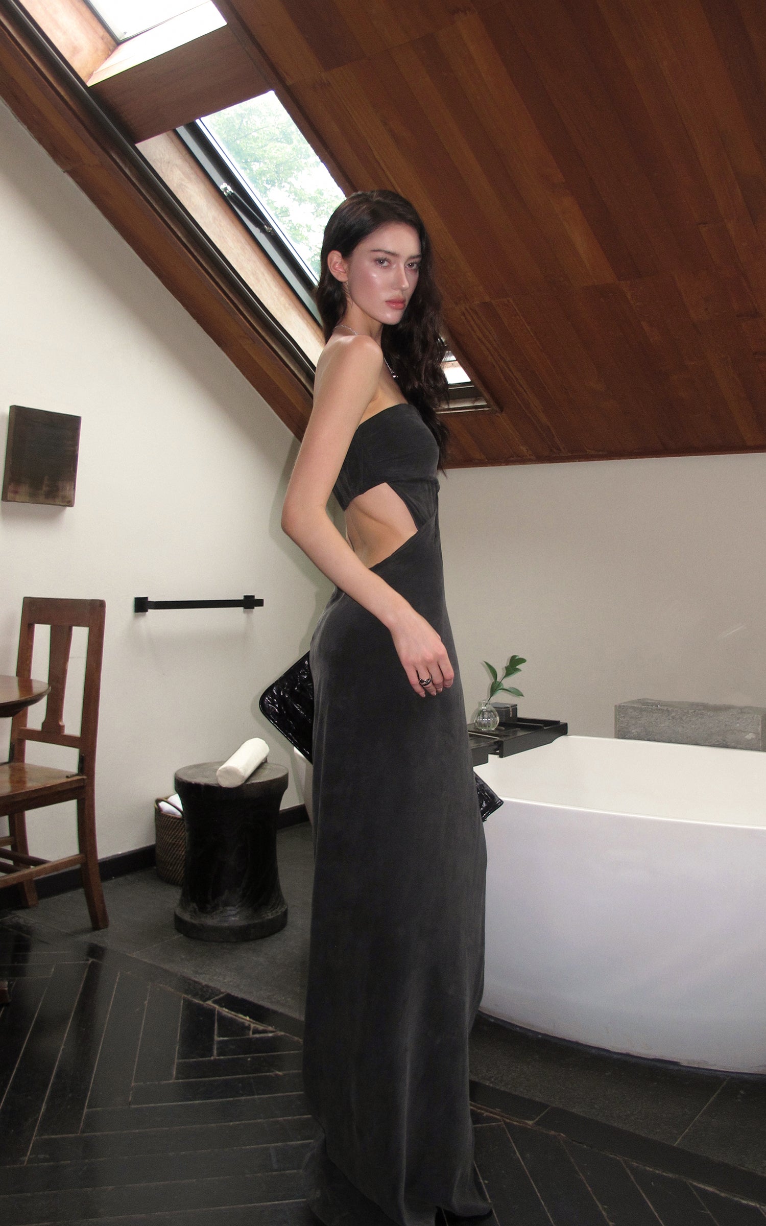 0122stepll Strapless Draped Cut-Out Maxi Dress