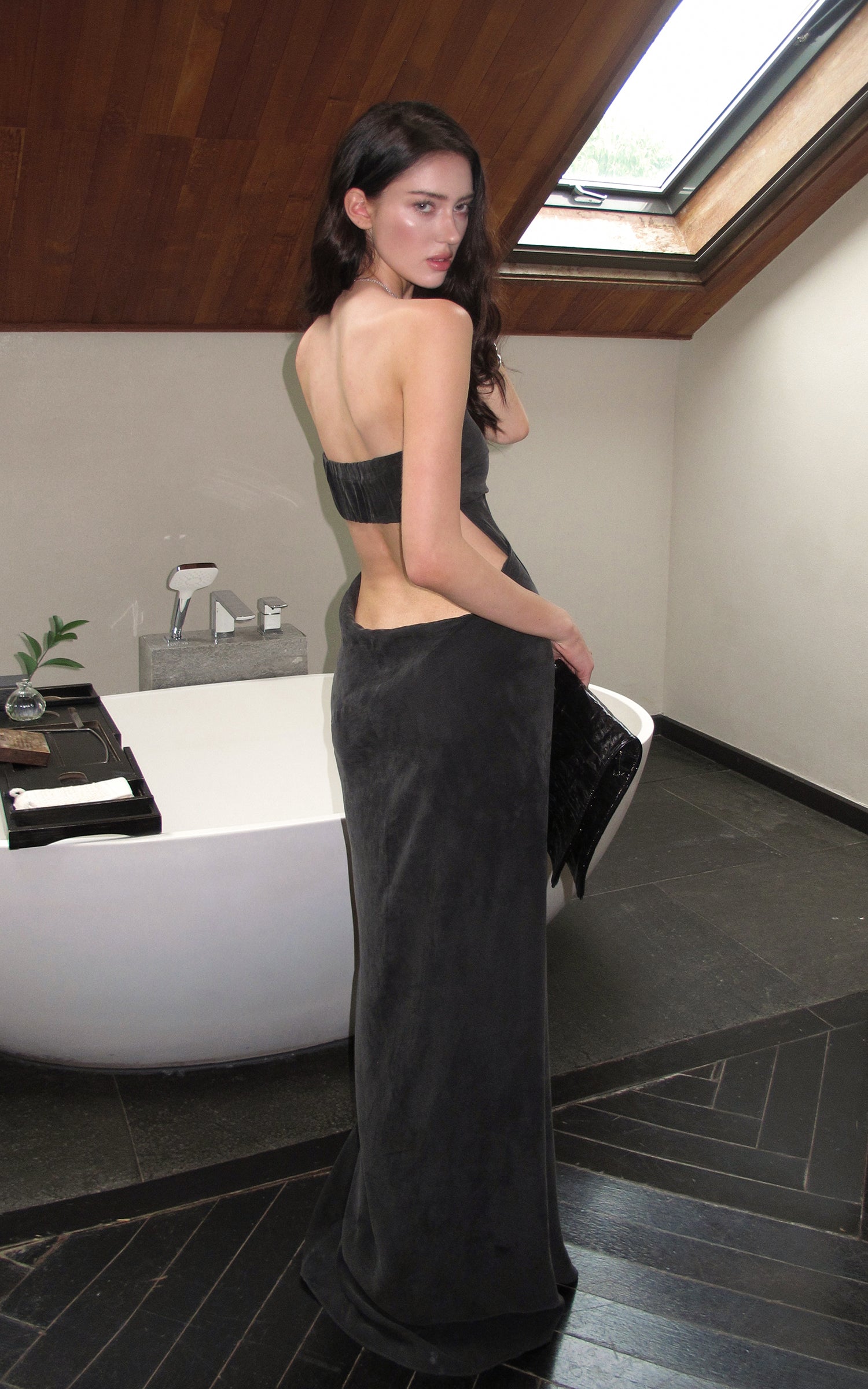 0122stepll Strapless Draped Cut-Out Maxi Dress