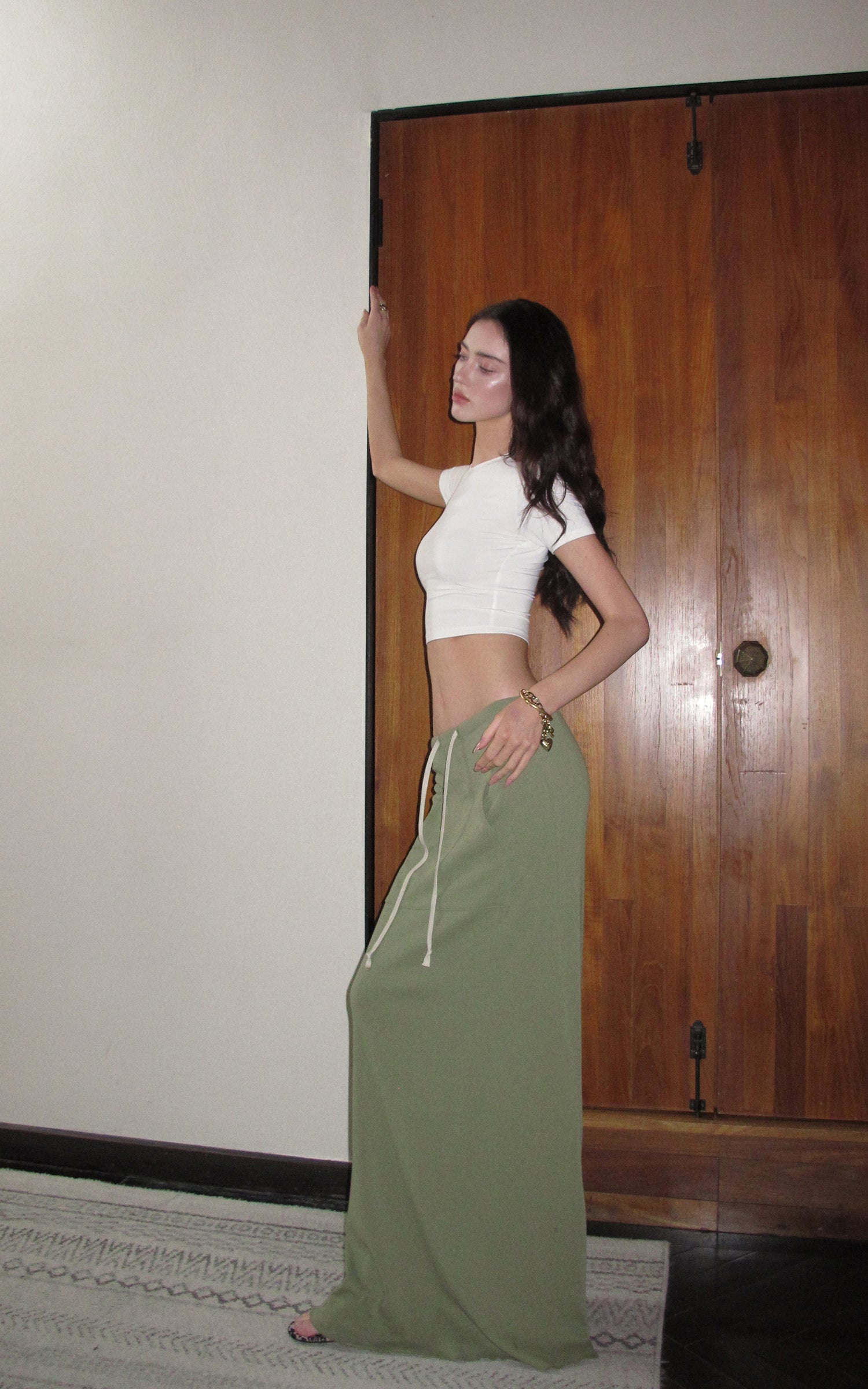 0122stepll Fitted Tee &amp; Drawstring Maxi Skirt Set