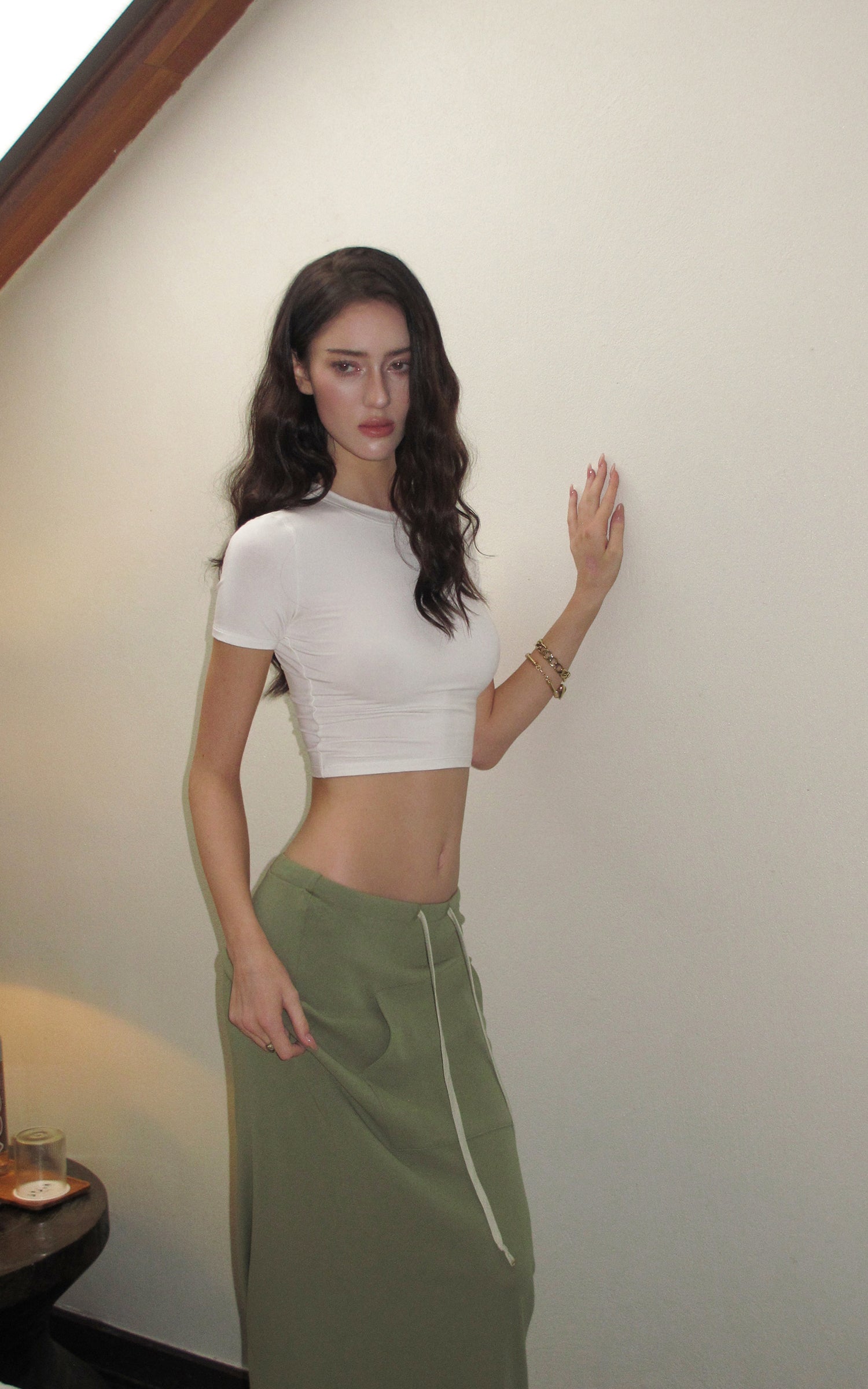 0122stepll Fitted Tee &amp; Drawstring Maxi Skirt Set