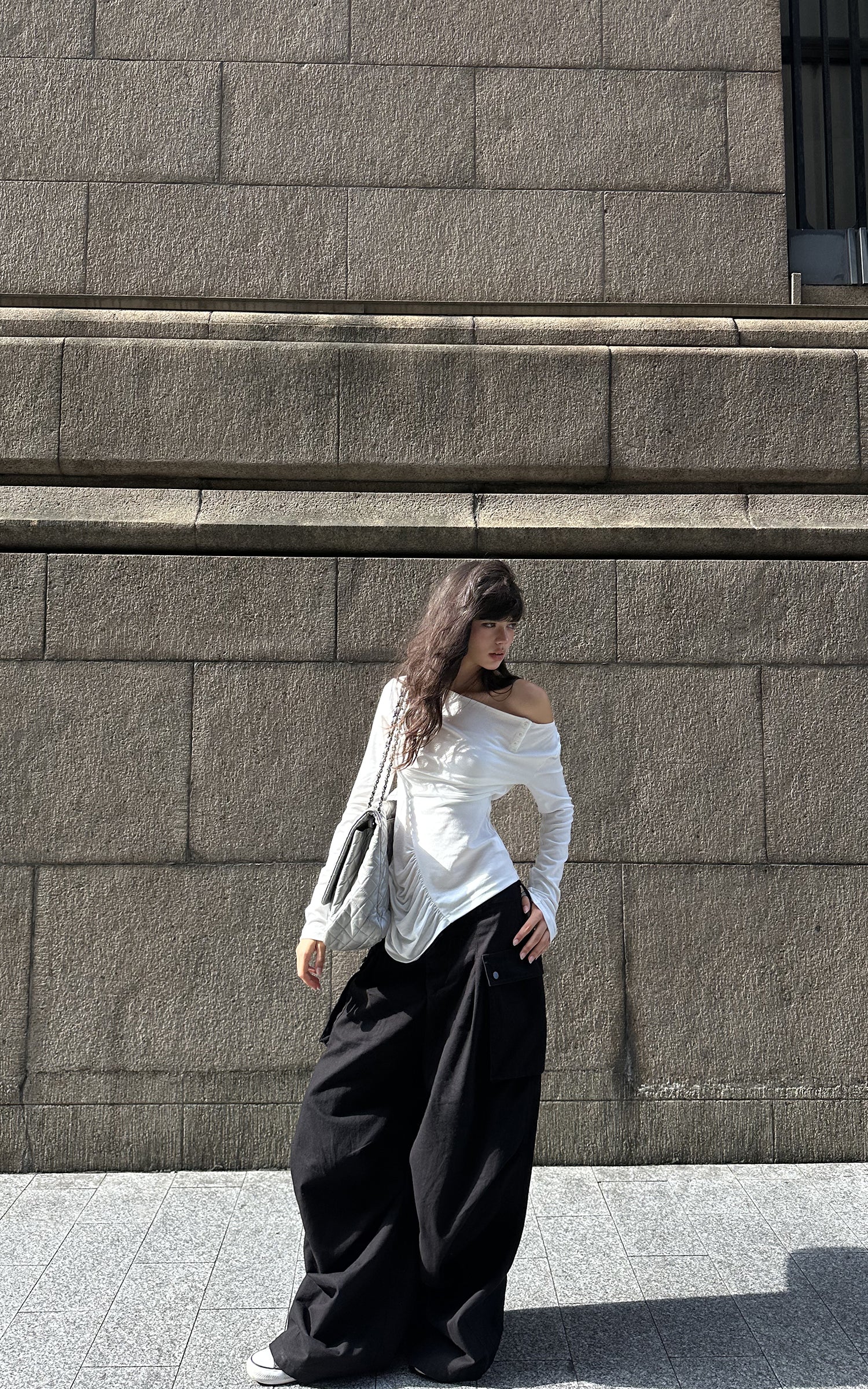 WARDEN EDGE Draped Off-Shoulder Ruched Long Sleeve Top