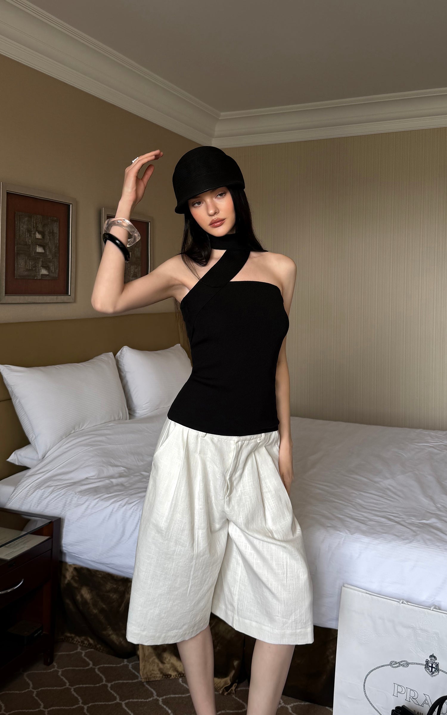 0122stepll Ribbon Halter Strapless Top