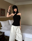 0122stepll Ribbon Halter Strapless Top