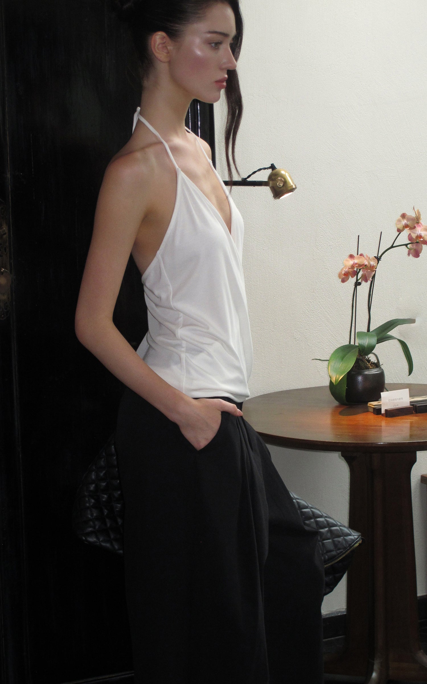 0122stepll Haut halter drapé blanc