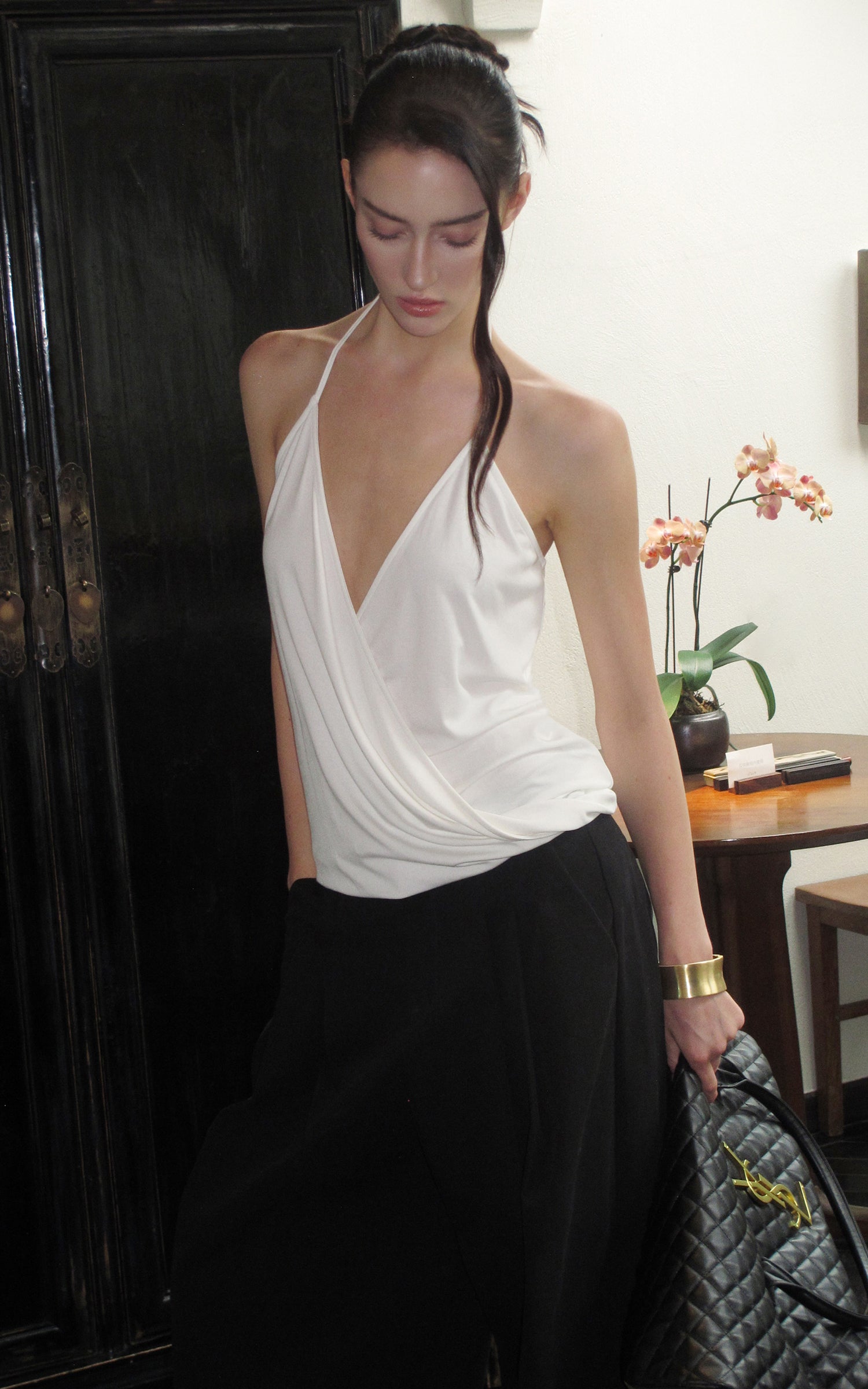 0122stepll Haut halter drapé blanc