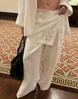 0122stepll Relaxed Linen Suit Set Blazer Pants & Wrap Skirt Overlay
