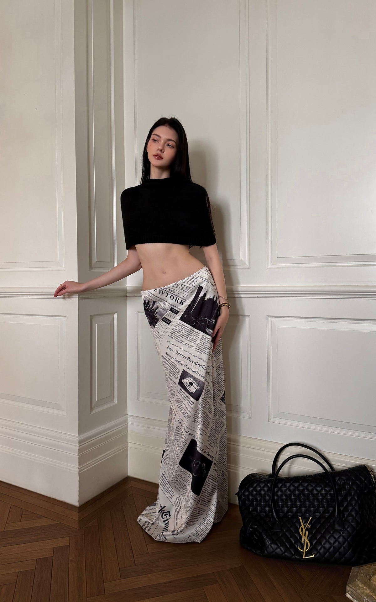 0122stepll Newspaper Print Low-Rise Maxi Skirt