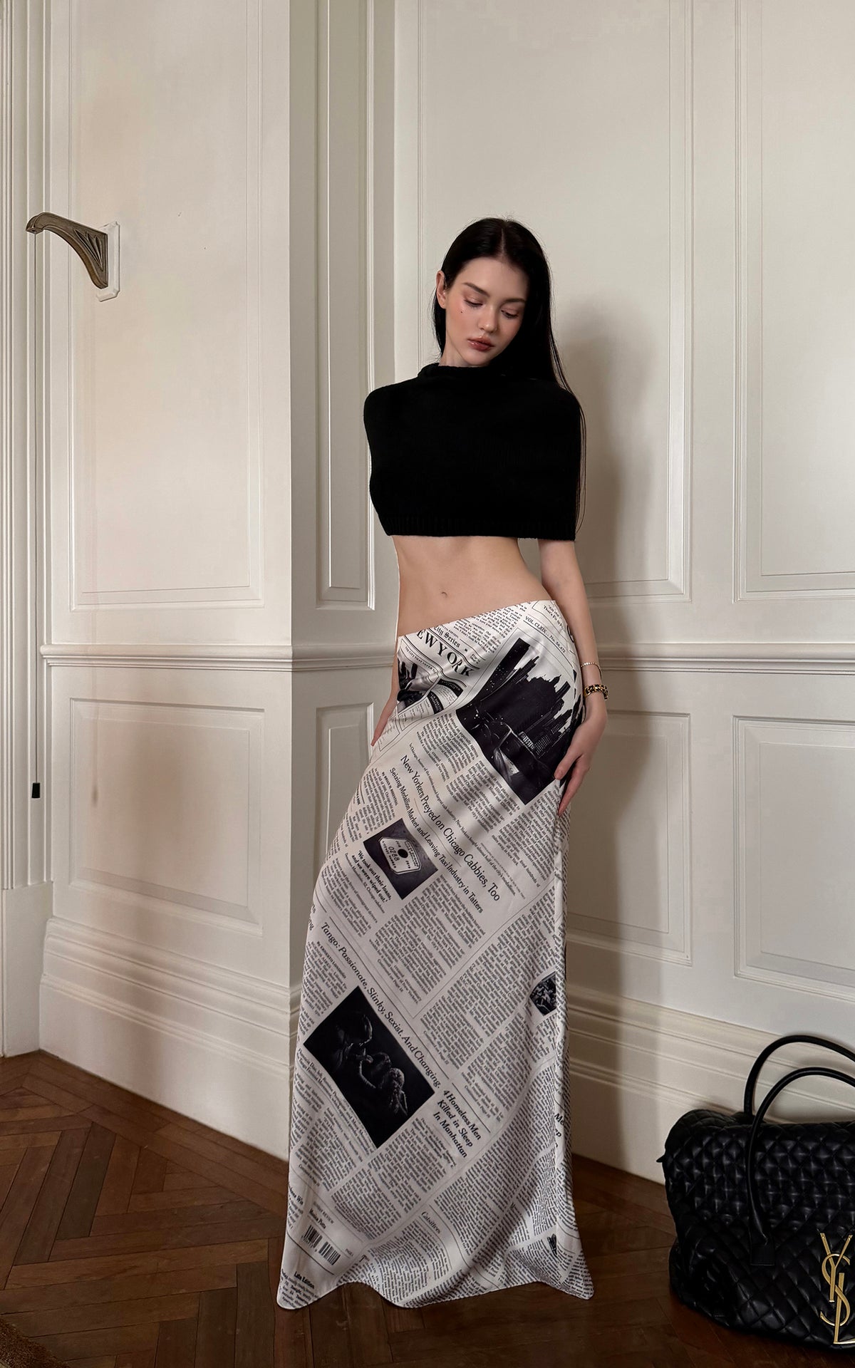 0122stepll Newspaper Print Low-Rise Maxi Skirt
