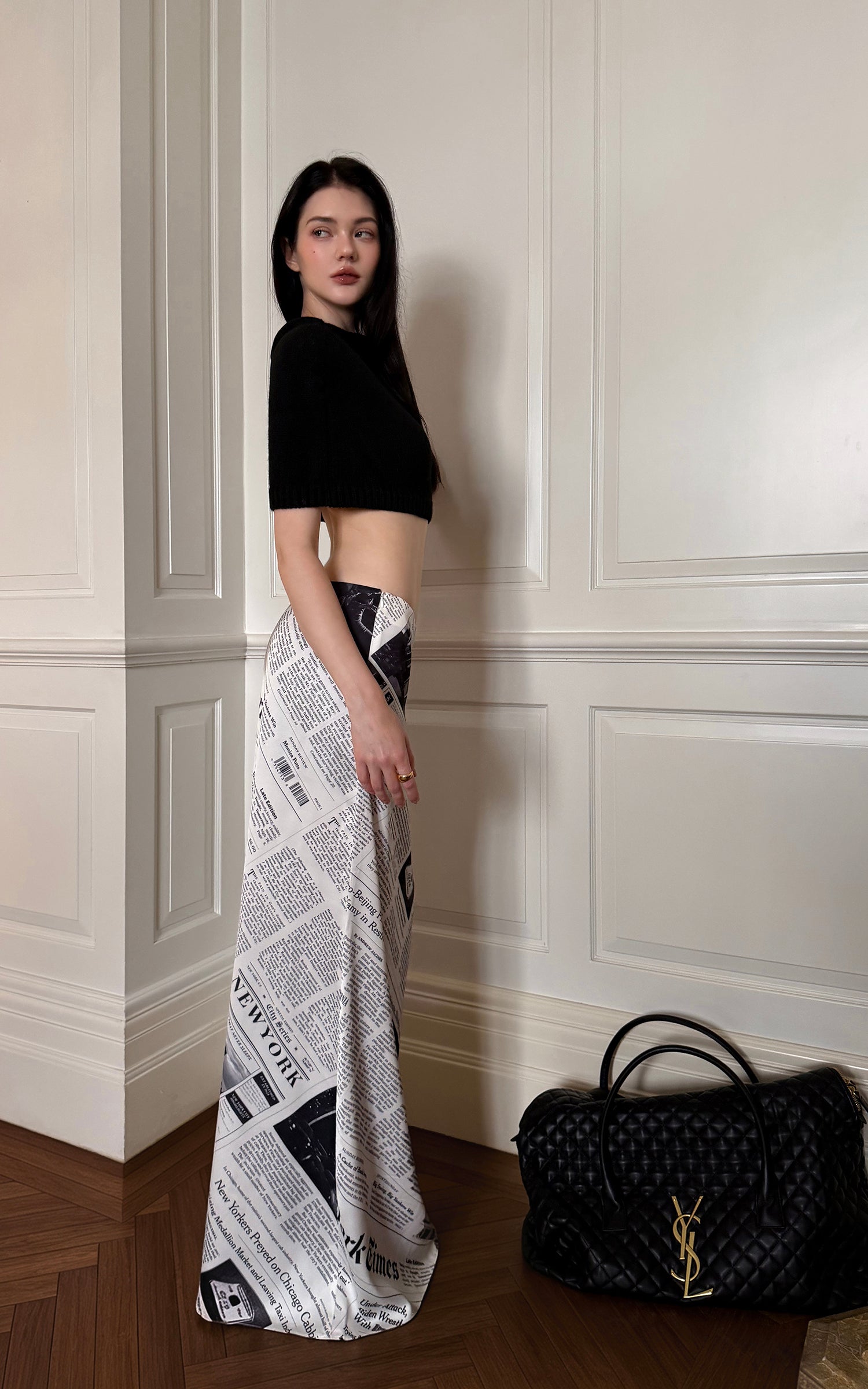 0122stepll Newspaper Print Low-Rise Maxi Skirt
