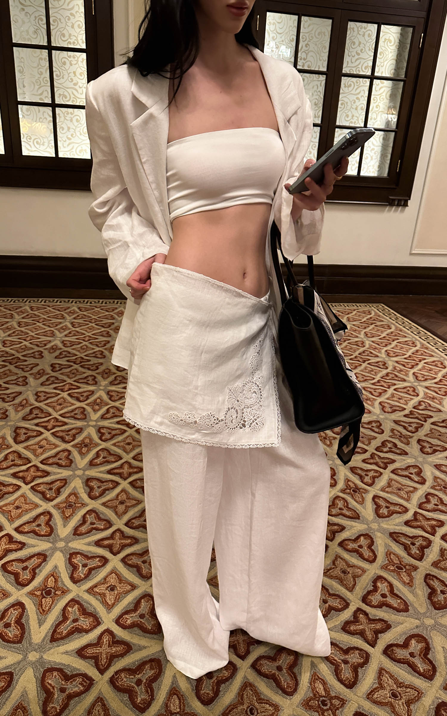 0122stepll Relaxed Linen Suit Set Blazer Pants &amp; Wrap Skirt Overlay