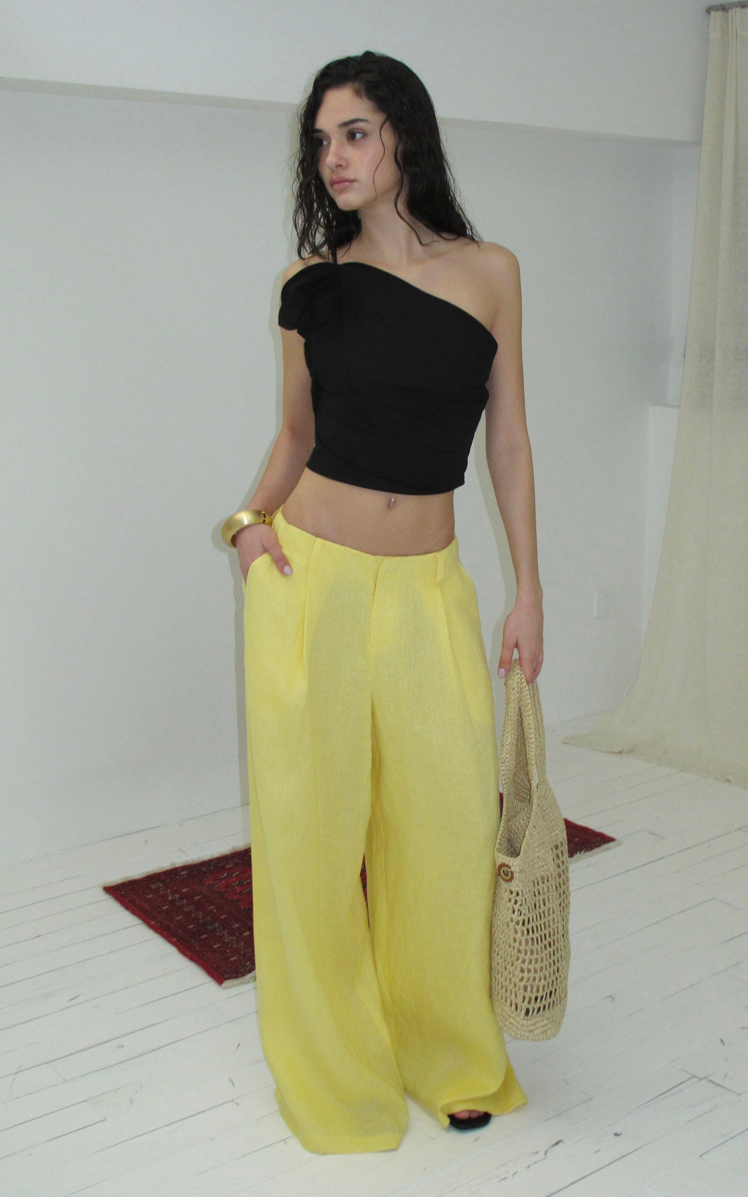 0122stepll Pantalon large taille haute effet lin