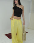 0122stepll Pantalon large taille haute effet lin