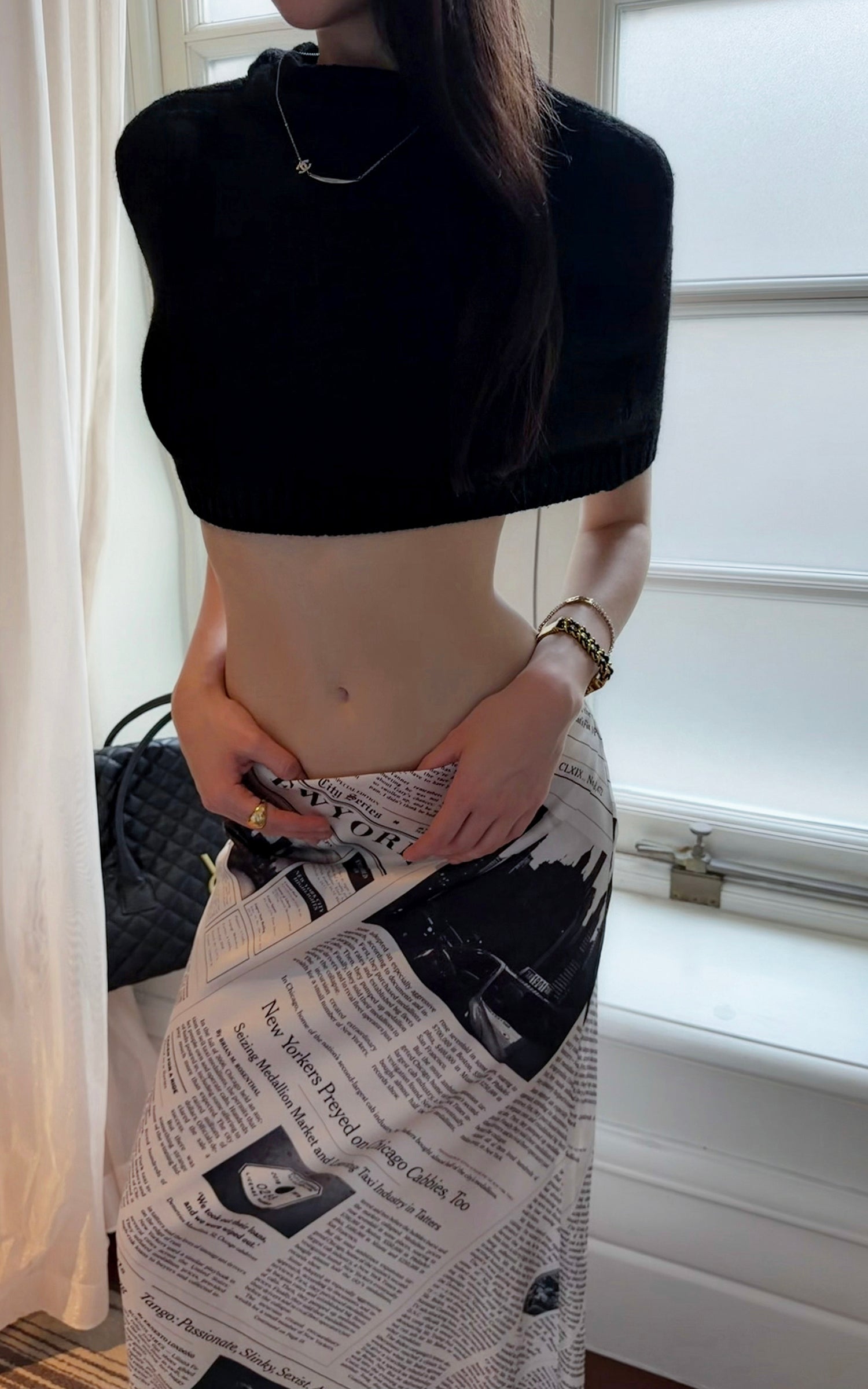 0122stepll Newspaper Print Low-Rise Maxi Skirt