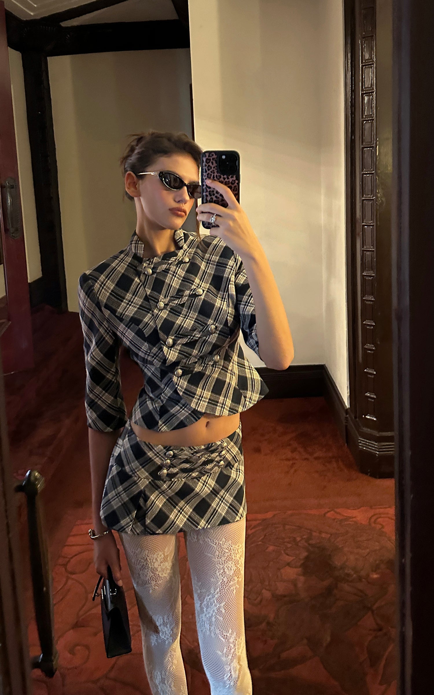 0122stepll Plaid Cropped Top &amp; Mini Skirt Set