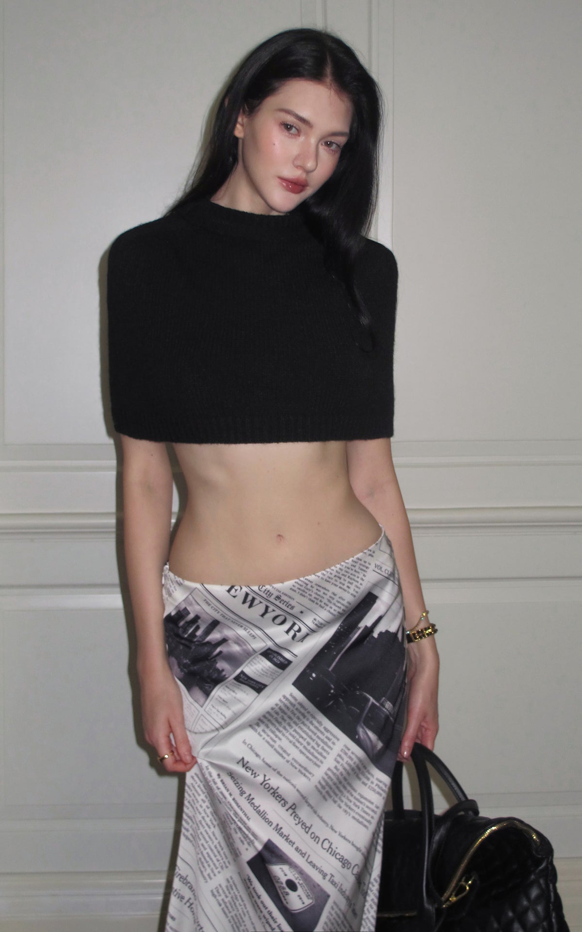 0122stepll Newspaper Print Low-Rise Maxi Skirt
