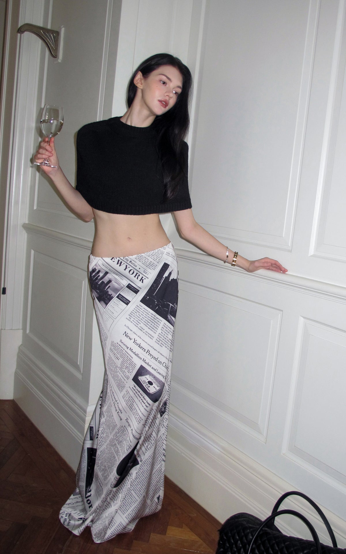 0122stepll Newspaper Print Low-Rise Maxi Skirt
