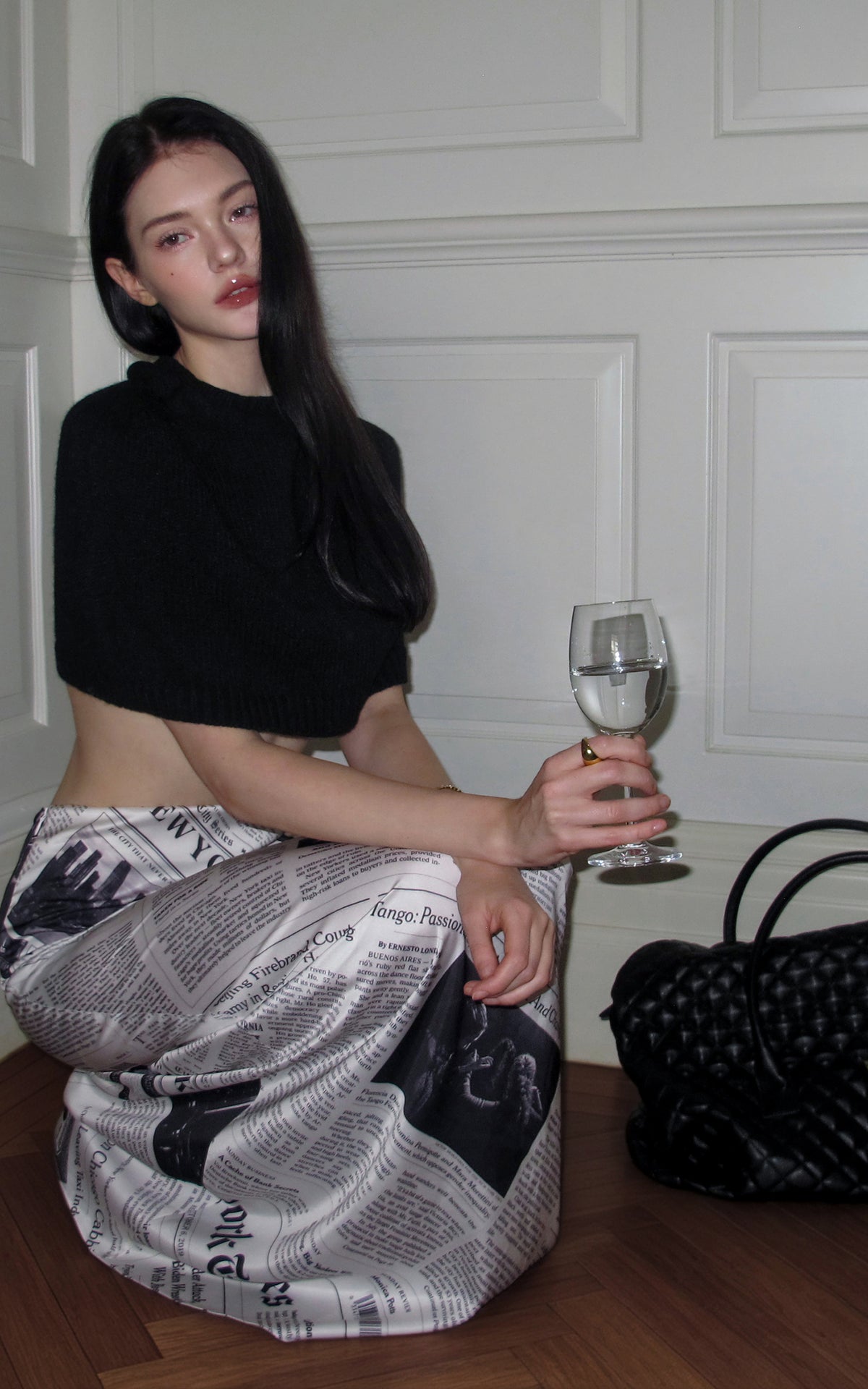 0122stepll Newspaper Print Low-Rise Maxi Skirt