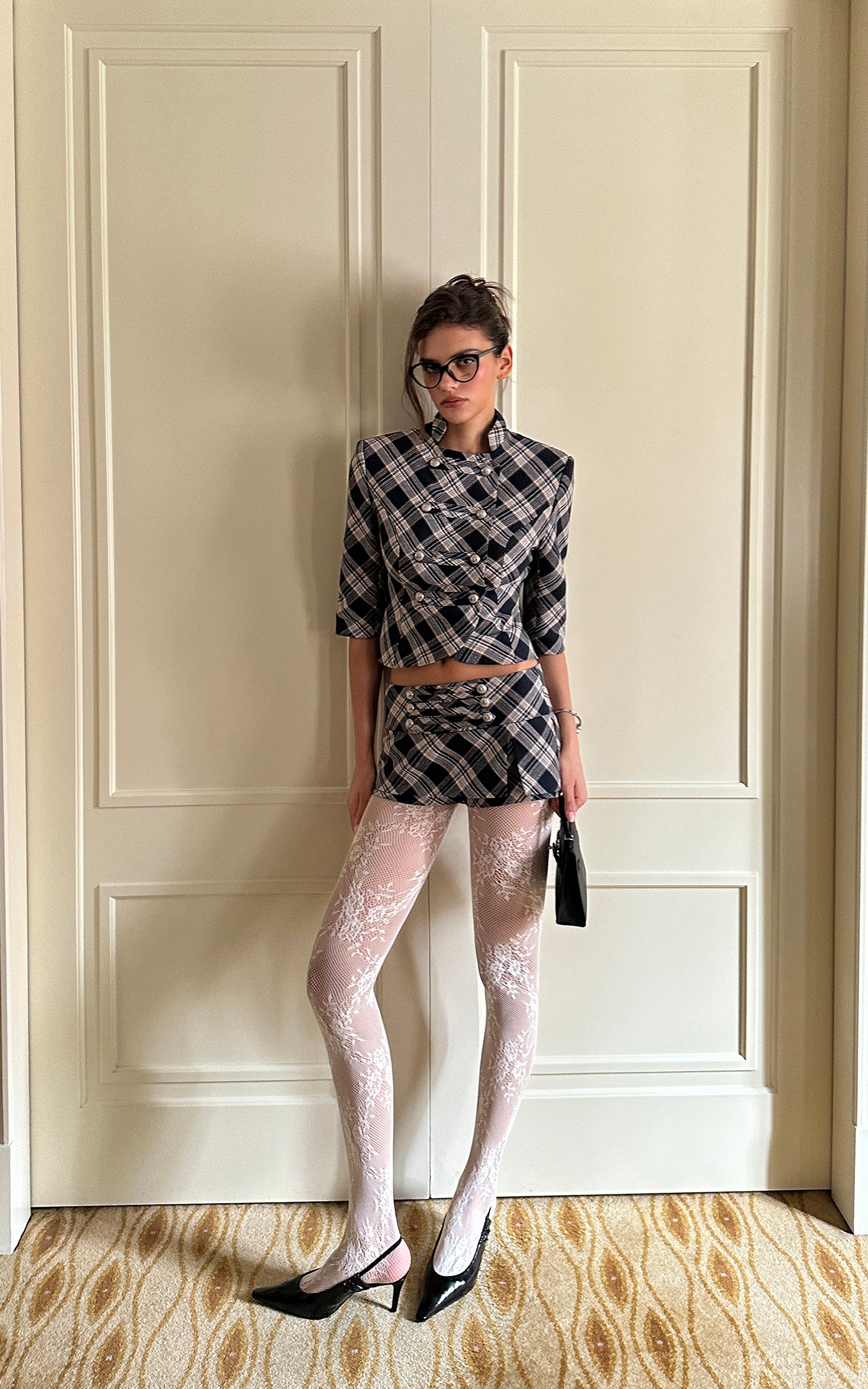 0122stepll Plaid Cropped Top &amp; Mini Skirt Set