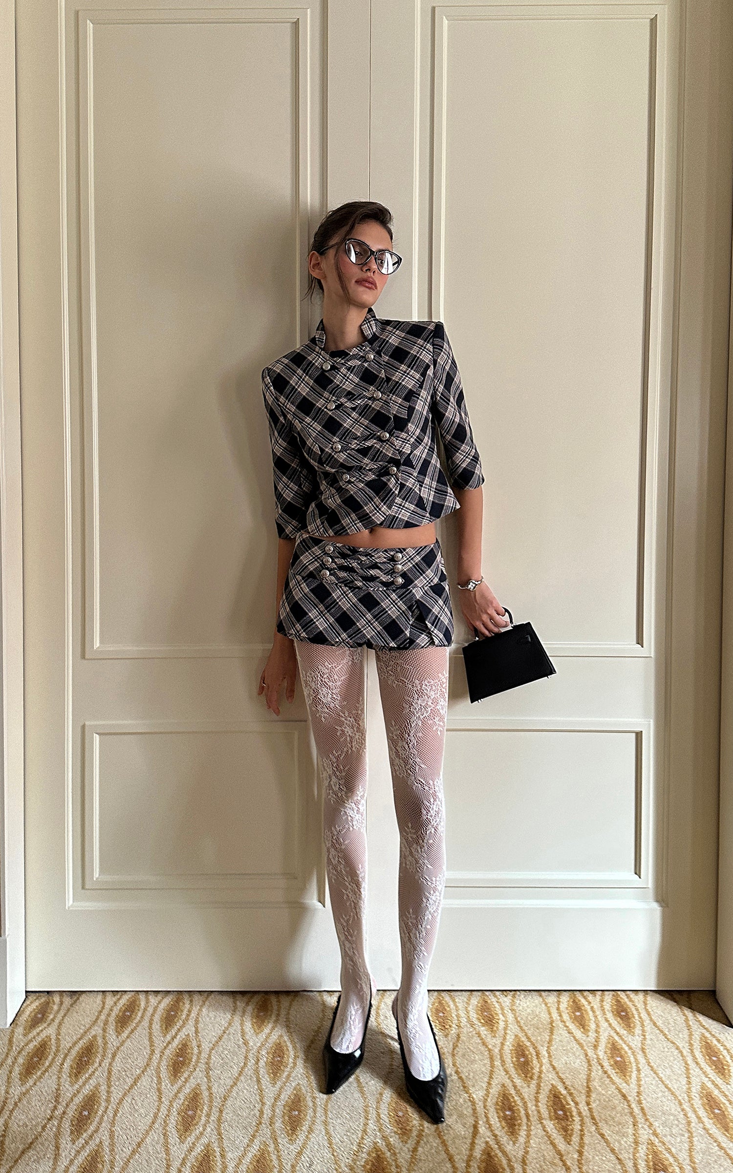 0122stepll Plaid Cropped Top &amp; Mini Skirt Set