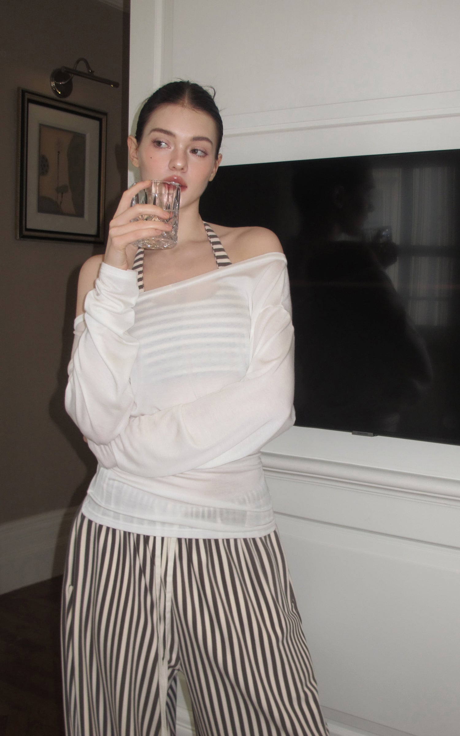 0122stepll Stripe Halter Top &amp; Wide Leg Pants Set