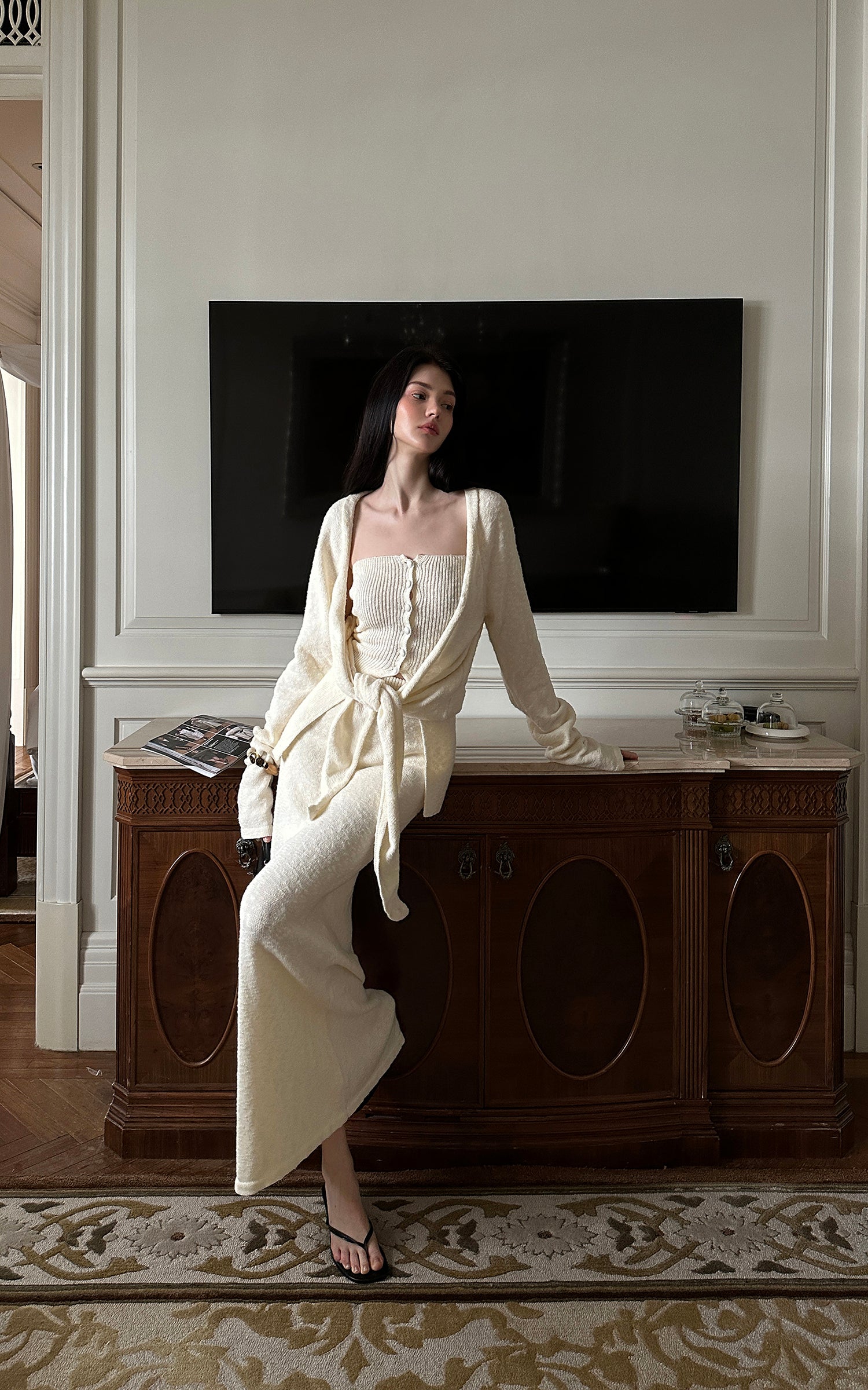 0122stepll Tie-Front Cardigan Button Knit Vest Maxi Skirt Set