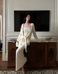 0122stepll Tie-Front Cardigan Button Knit Vest Maxi Skirt Set