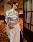 0122stepll Asymmetric Drape Stripe Satin Top