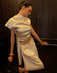 0122stepll Asymmetric Drape Stripe Satin Top