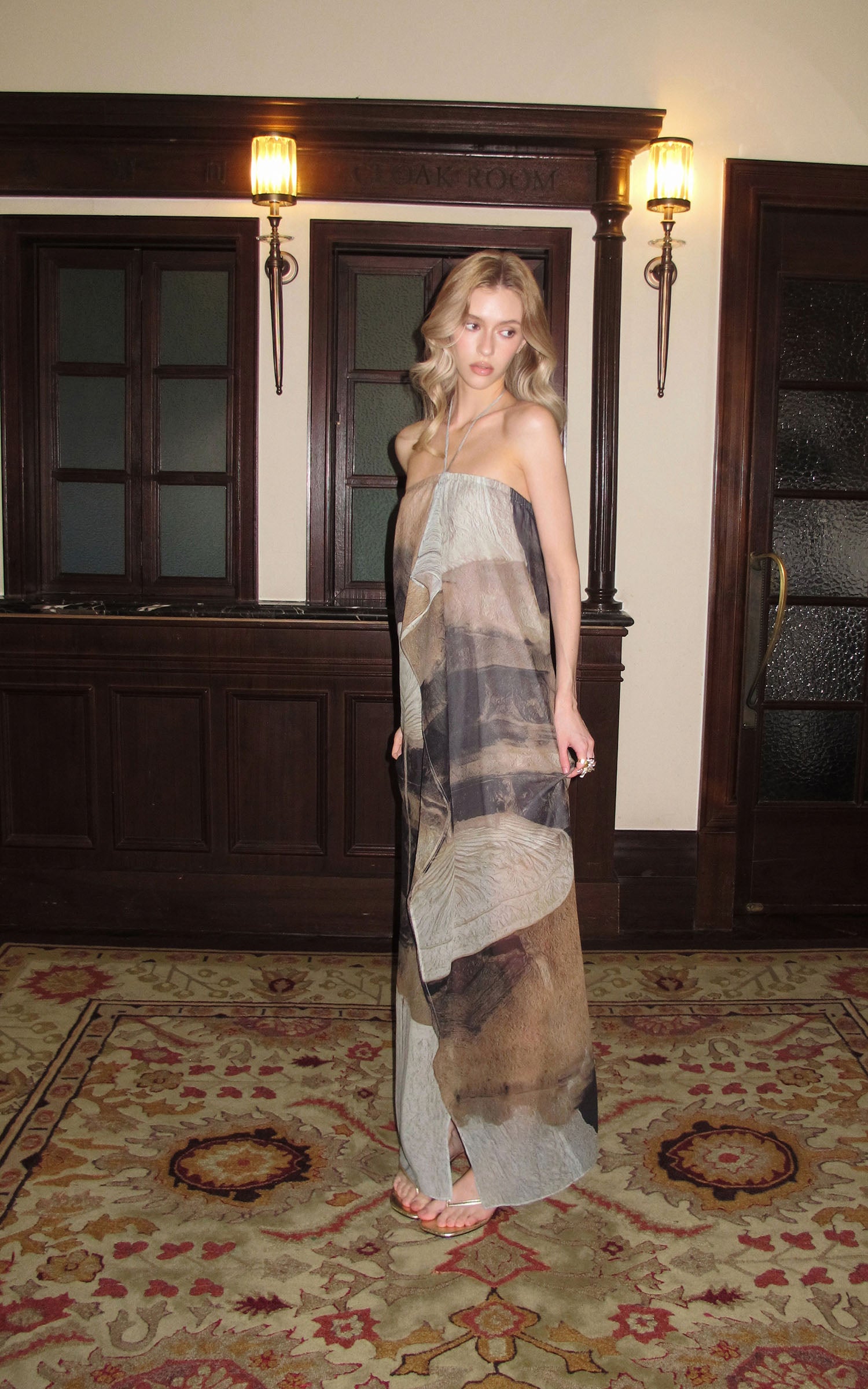 0122stepll Abstract Halter Draped Maxi Dress