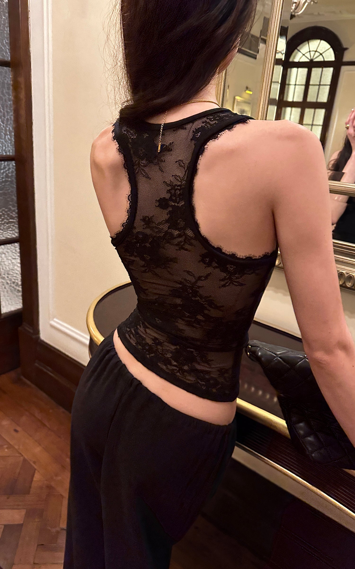 0122stepll Floral Lace Panel Racerback Tank Top