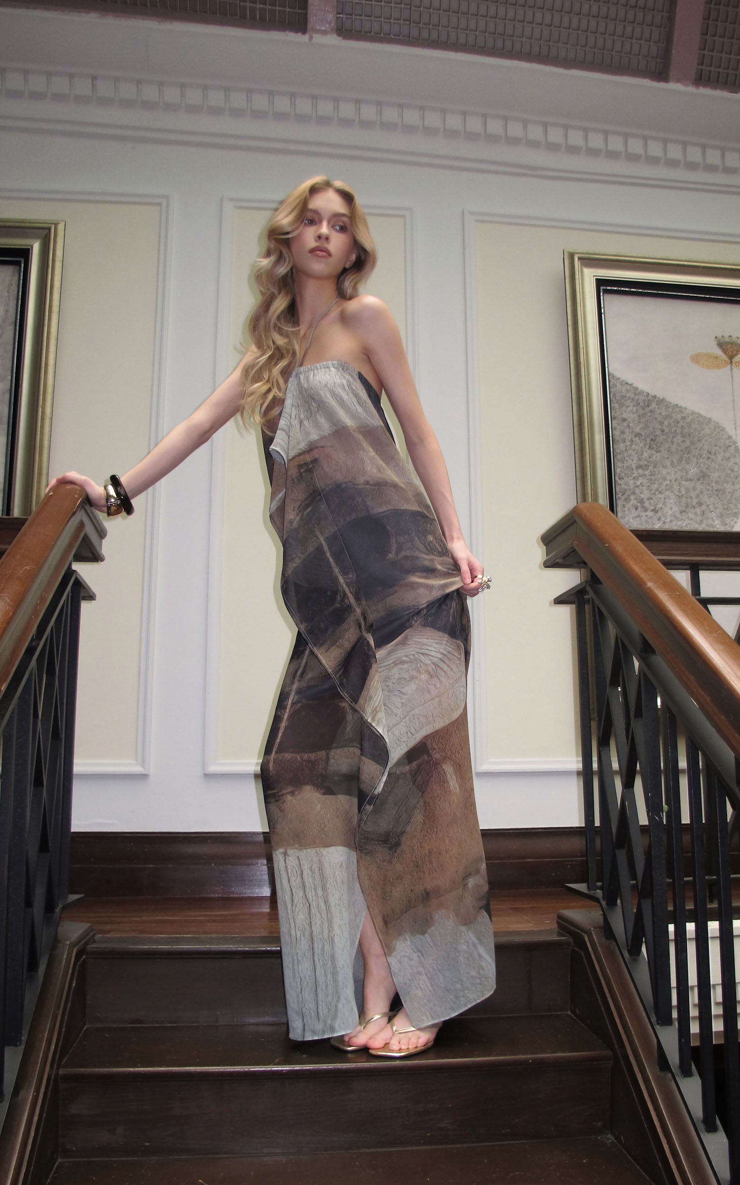 0122stepll Abstract Halter Draped Maxi Dress