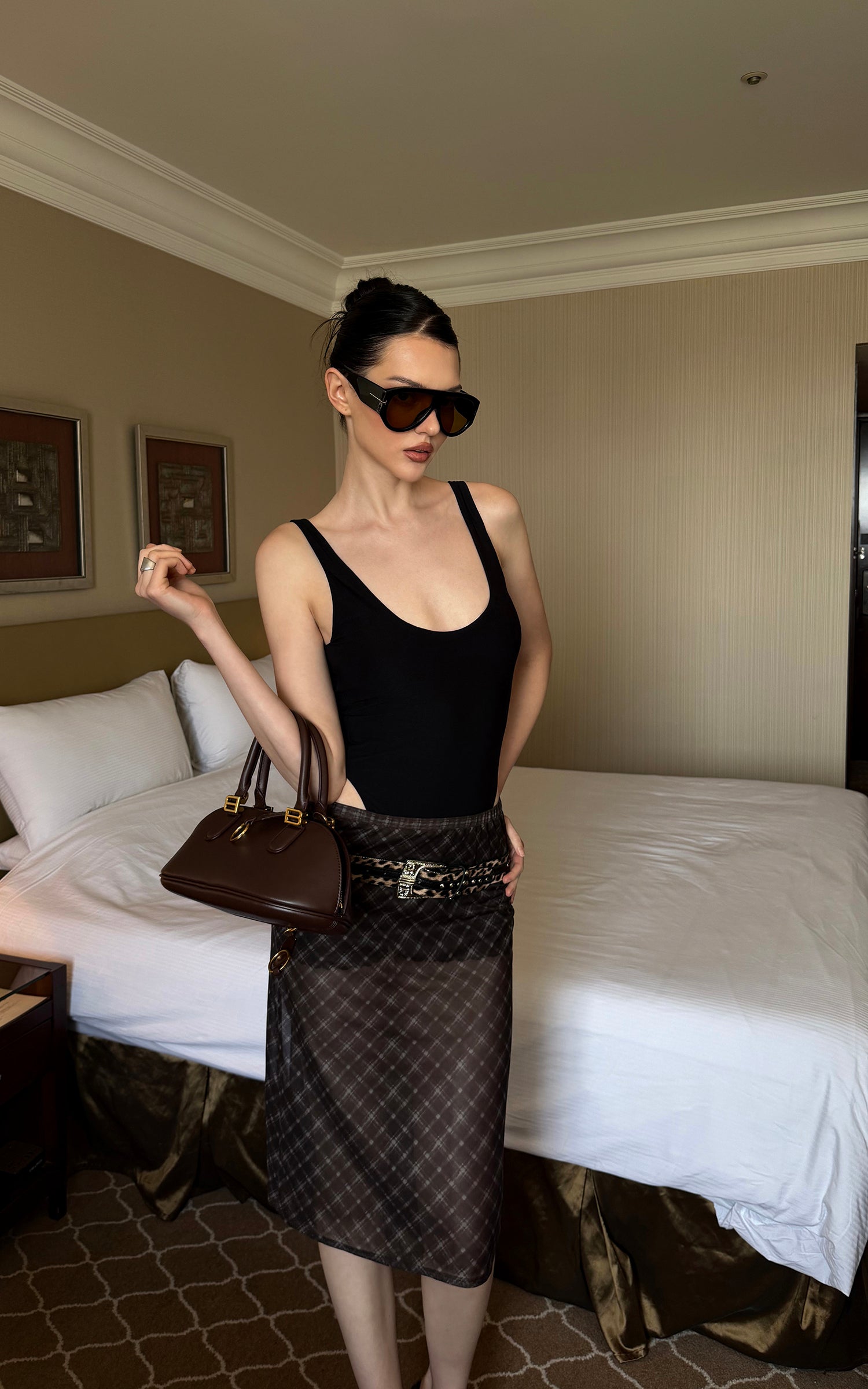 0122stepll Sheer Checkered Mesh Midi Skirt