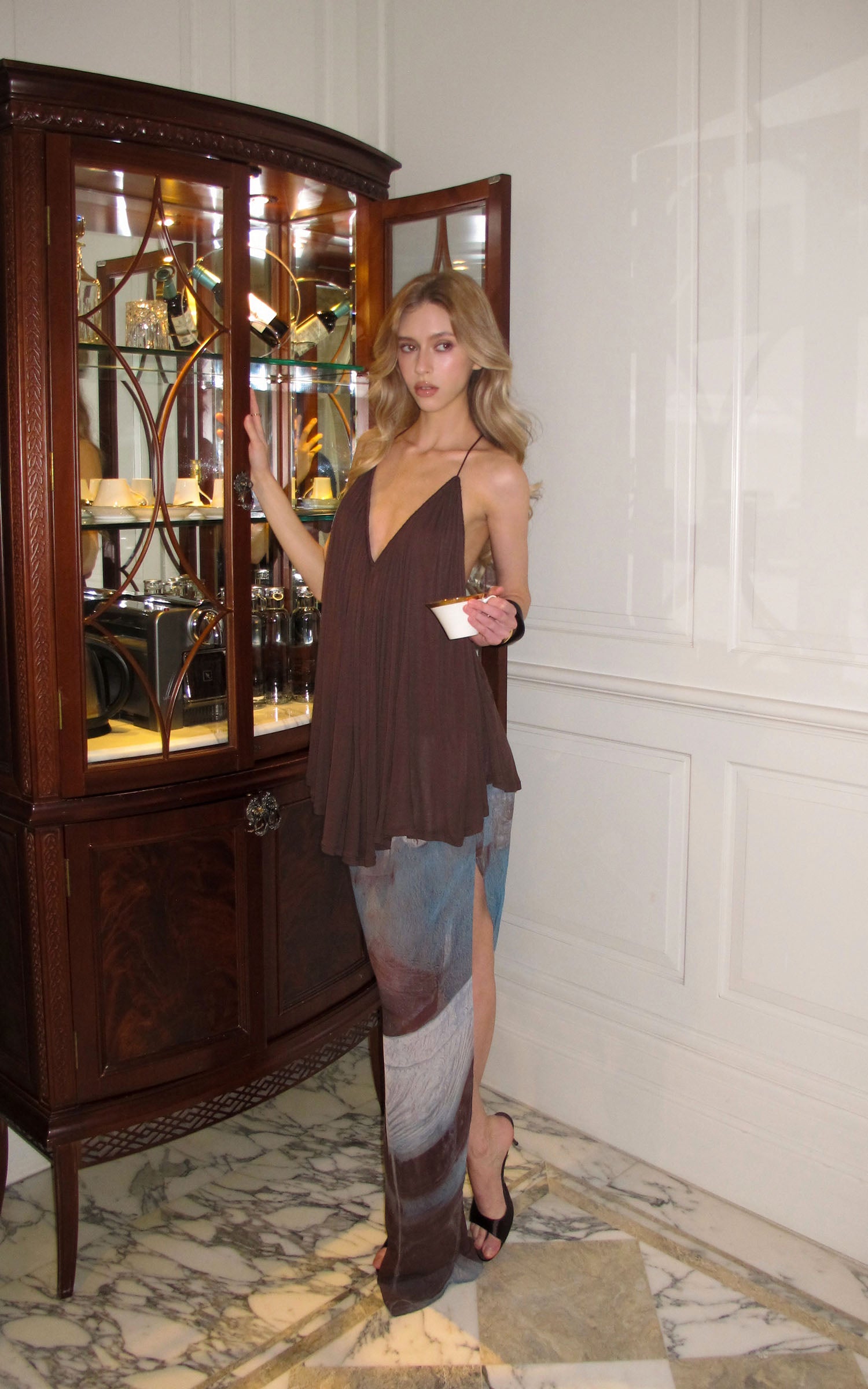 0122stepll Sheer Printed Draped Maxi Skirt
