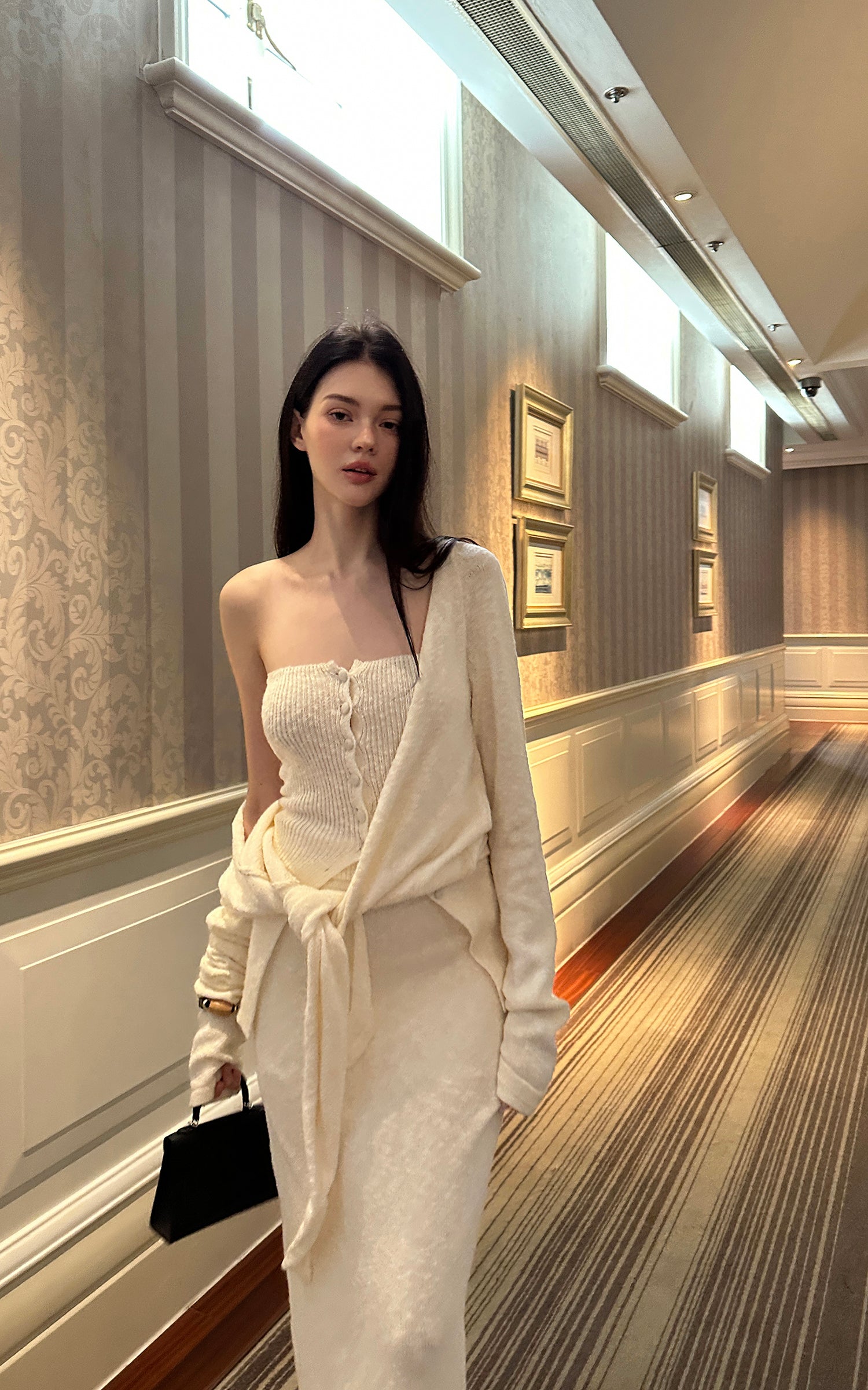0122stepll Tie-Front Cardigan Button Knit Vest Maxi Skirt Set