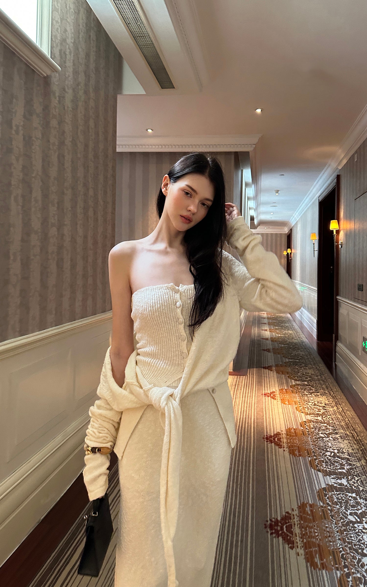 0122stepll Tie-Front Cardigan Button Knit Vest Maxi Skirt Set