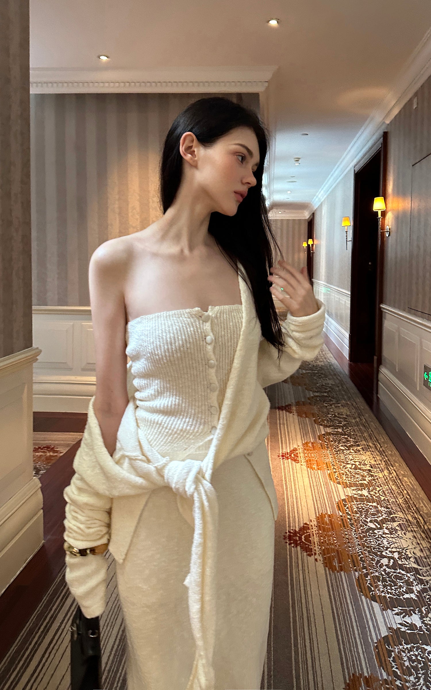 0122stepll Tie-Front Cardigan Button Knit Vest Maxi Skirt Set