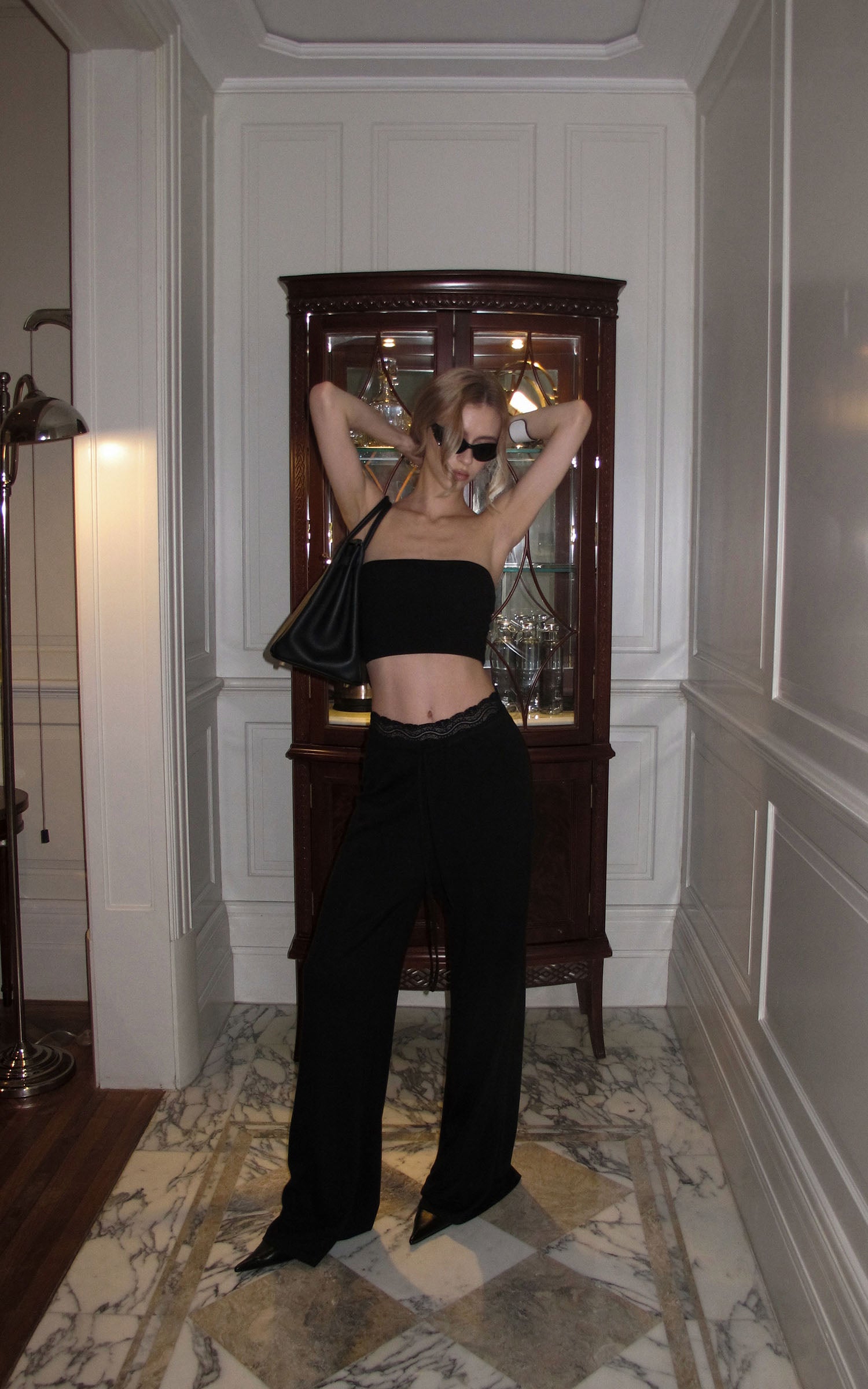 0122stepll Strapless Tube Top &amp; Lace Waist Wide-Leg Pants Set