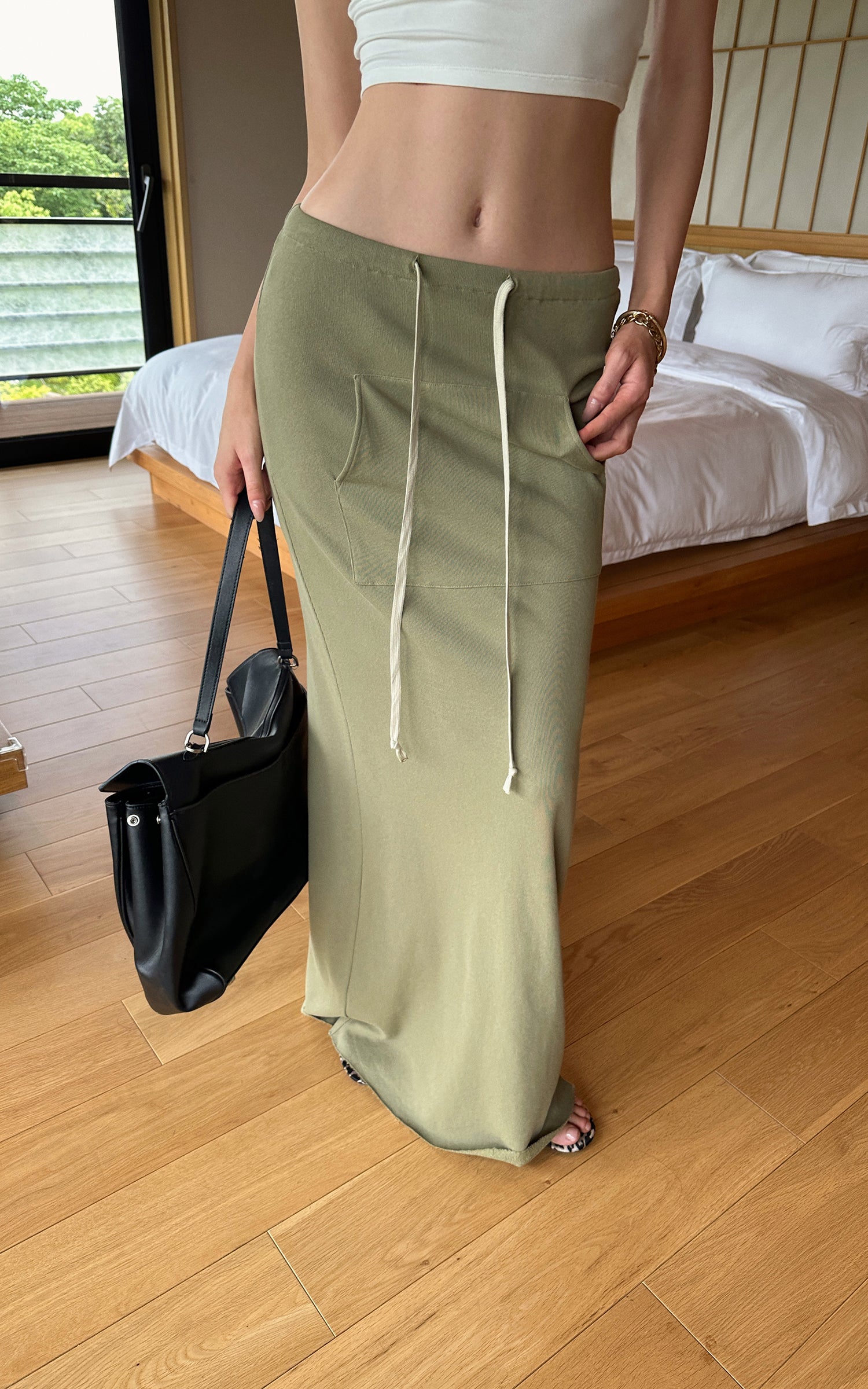 0122stepll Fitted Tee &amp; Drawstring Maxi Skirt Set