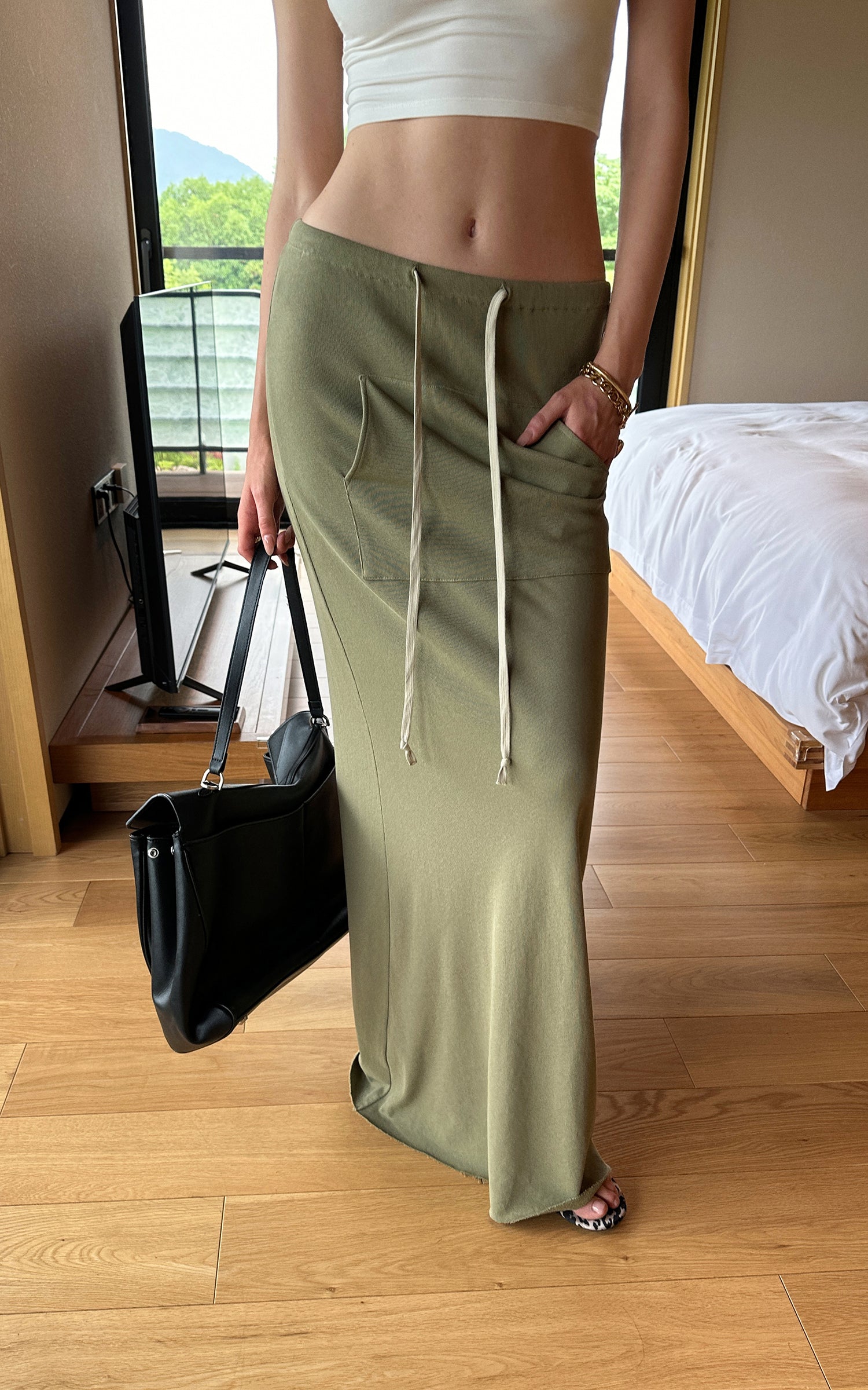 0122stepll Fitted Tee &amp; Drawstring Maxi Skirt Set