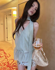 0122stepll Draped Halter Neck Tie Top