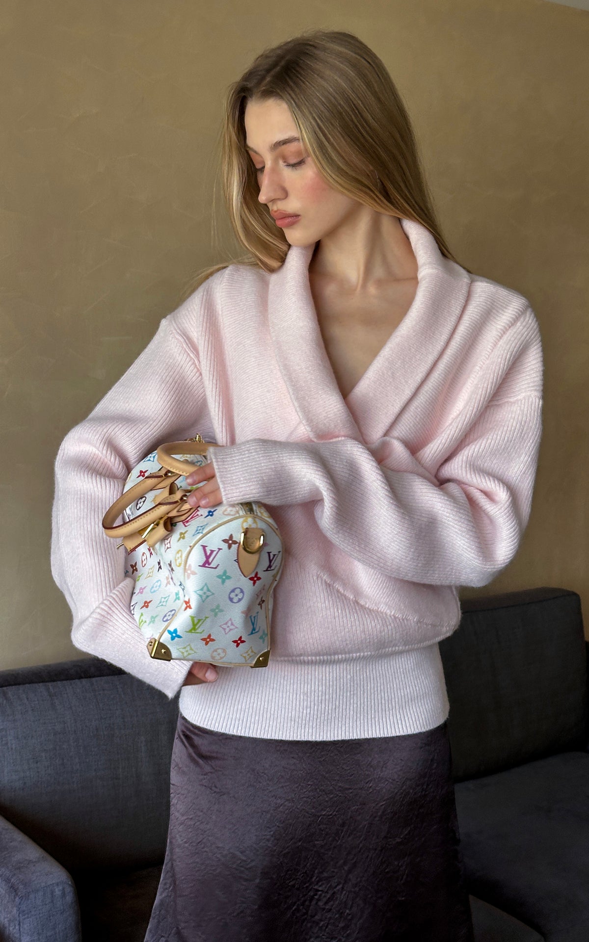0122stepll Pull en maille à devant croisé drapé